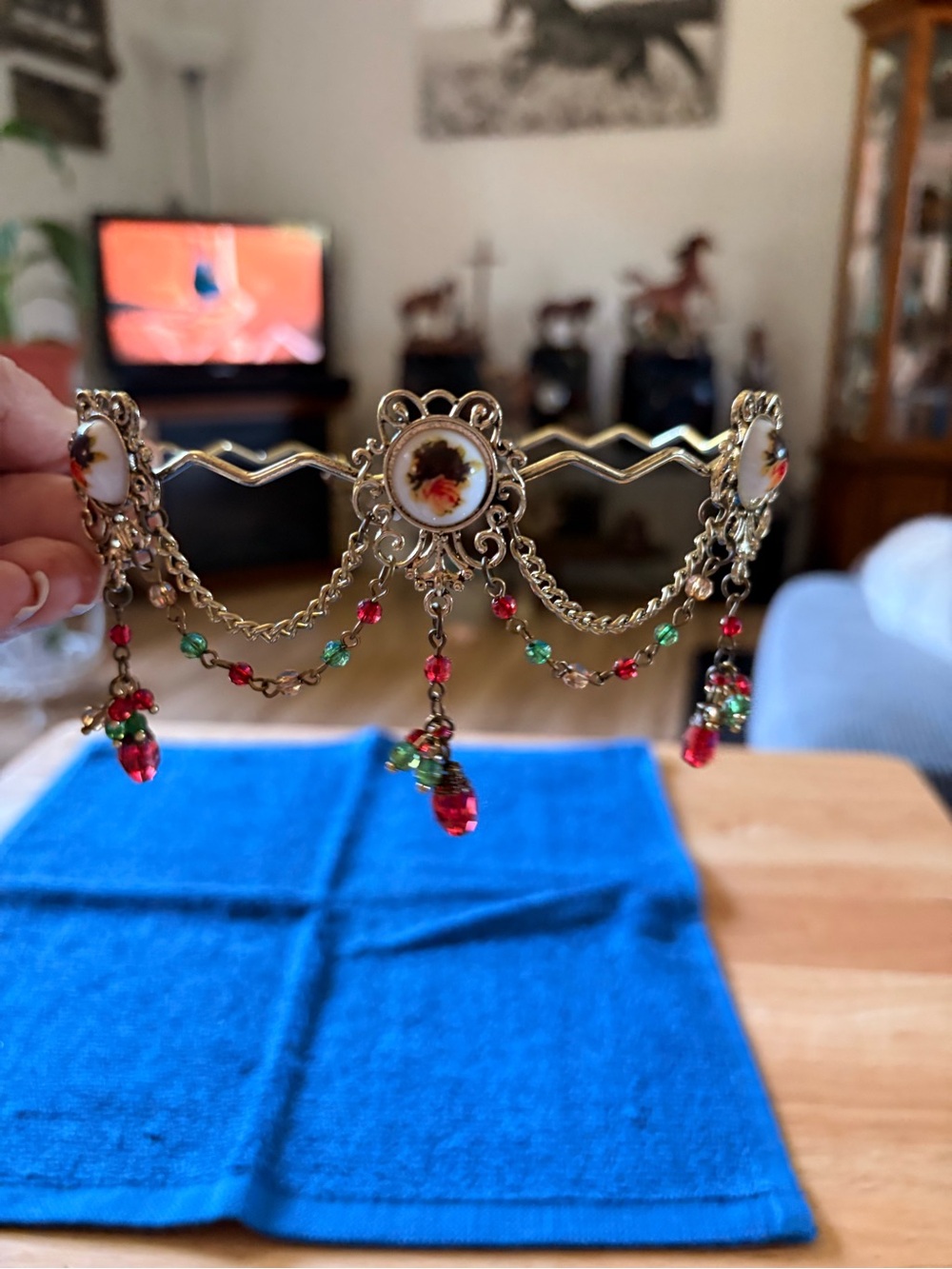 Antique-Style Gold Tone Filigree Hair Crown with Red & Green Beads